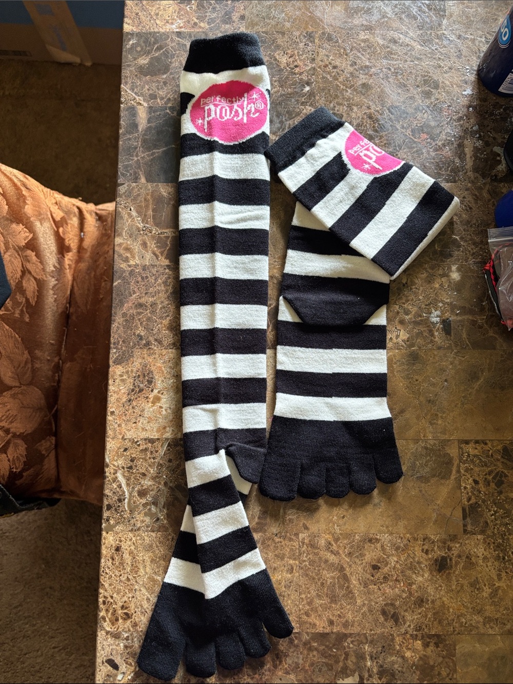 Perfectly Posh Black & White Striped Knee-High Toe Socks with Pink Logo
